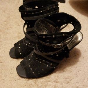 FERGIE black suede open toe studded booties